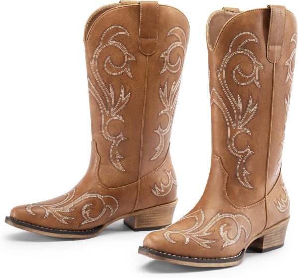 DREAM PAIRS Women's Cowboy Boots Mid Calf Cowgirl Boots Square Toe Chunky Heel Embroidery Stitched Western Boots - Image 4
