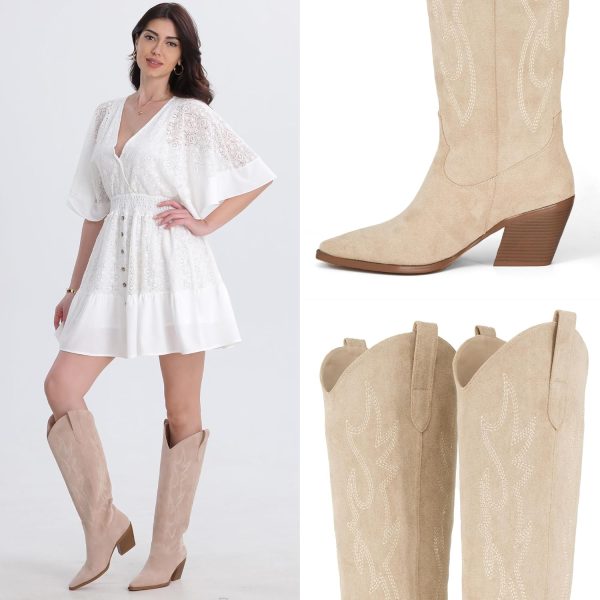 iiimmu Cowgirl Boots Women Knee High Boots Pointed Toe and Block Heel Cowboy Suede and Faux Leather Boots with Embroidered - Image 2