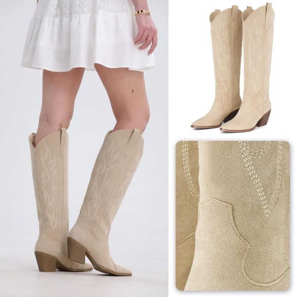 iiimmu Cowgirl Boots Women Knee High Boots Pointed Toe and Block Heel Cowboy Suede and Faux Leather Boots with Embroidered - Image 3