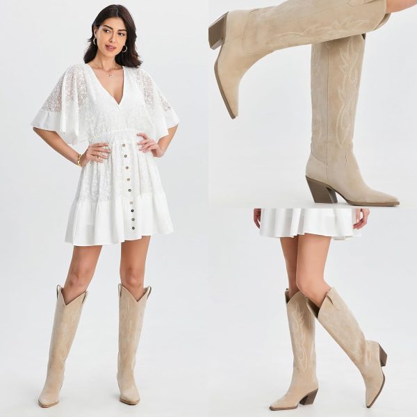 iiimmu Cowgirl Boots Women Knee High Boots Pointed Toe and Block Heel Cowboy Suede and Faux Leather Boots with Embroidered - Image 4